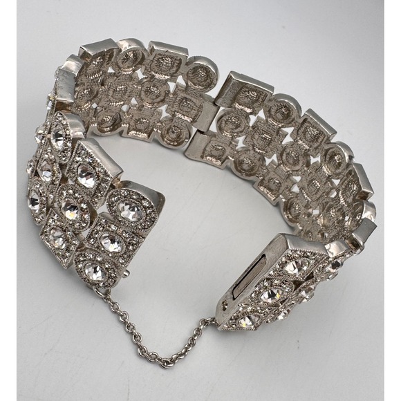 Sparkly Silver Tone Rhinestone Magnetic Hinged Chunky Bangle Statement Bracelet - Picture 6 of 11